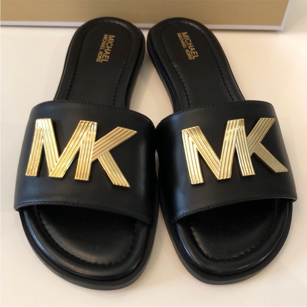 Michael Kors Black Slides with Gold Logo